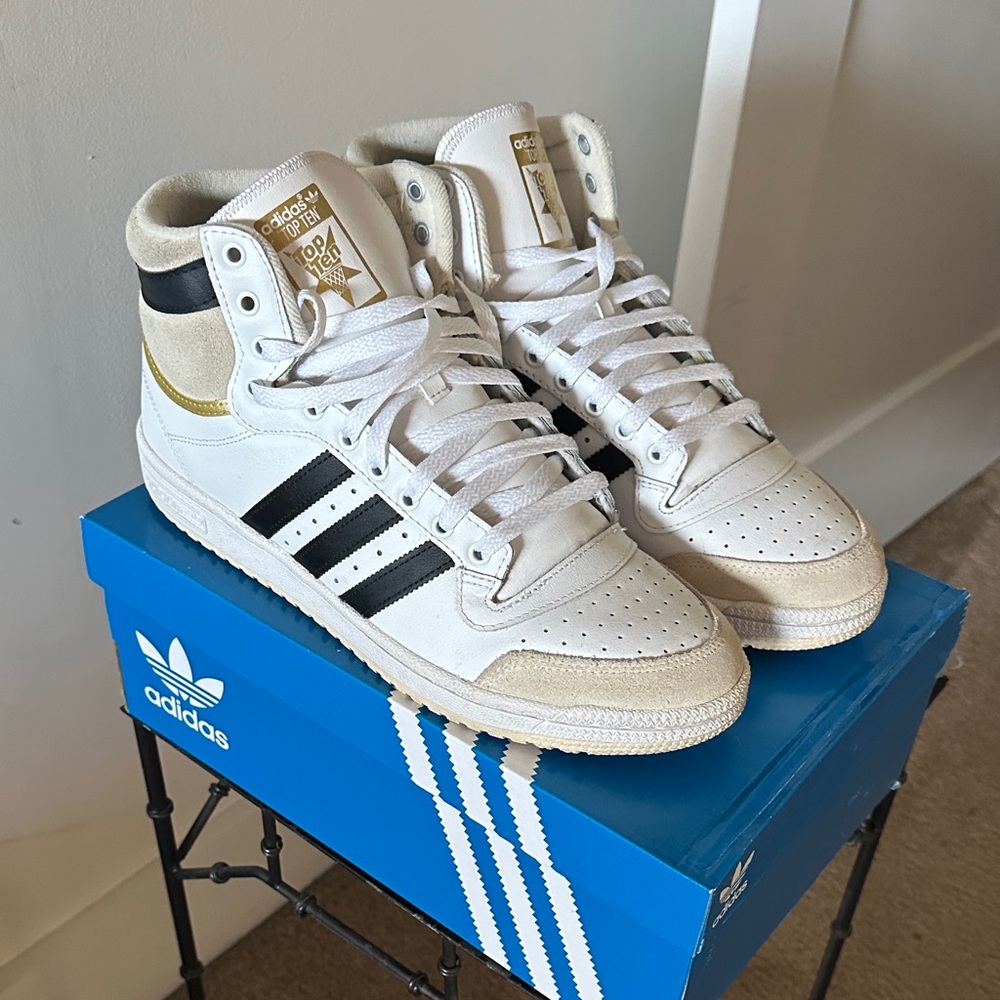Adidas White and Black High-Tops with Gold Detail